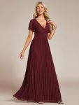 V-Neck Glittery Short Sleeves Formal Evening Dress with Empire Waist – Burgundy