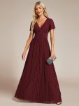 V-Neck Glittery Short Sleeves Formal Evening Dress with Empire Waist – Burgundy