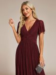 V-Neck Glittery Short Sleeves Formal Evening Dress with Empire Waist – Burgundy