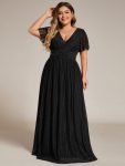 Plus Size V-Neck Glittery Short Sleeves Formal Evening Dress with Empire Waist – Black