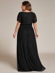 Plus Size V-Neck Glittery Short Sleeves Formal Evening Dress with Empire Waist – Black