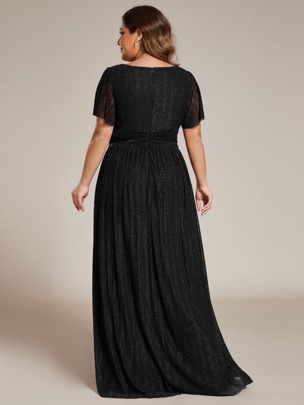 Plus Size V-Neck Glittery Short Sleeves Formal Evening Dress with Empire Waist - Black