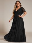 Plus Size V-Neck Glittery Short Sleeves Formal Evening Dress with Empire Waist – Black