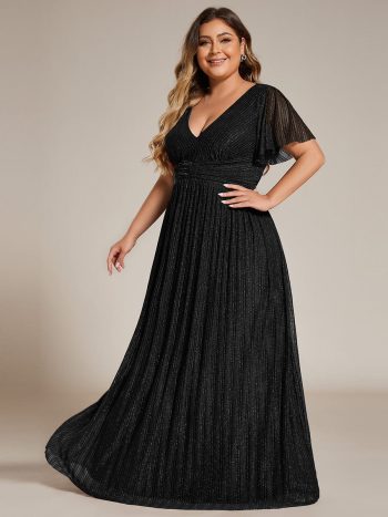 Plus Size V-Neck Glittery Short Sleeves Formal Evening Dress with Empire Waist - Black