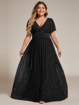 Plus Size V-Neck Glittery Short Sleeves Formal Evening Dress with Empire Waist – Black