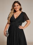 Plus Size V-Neck Glittery Short Sleeves Formal Evening Dress with Empire Waist – Black