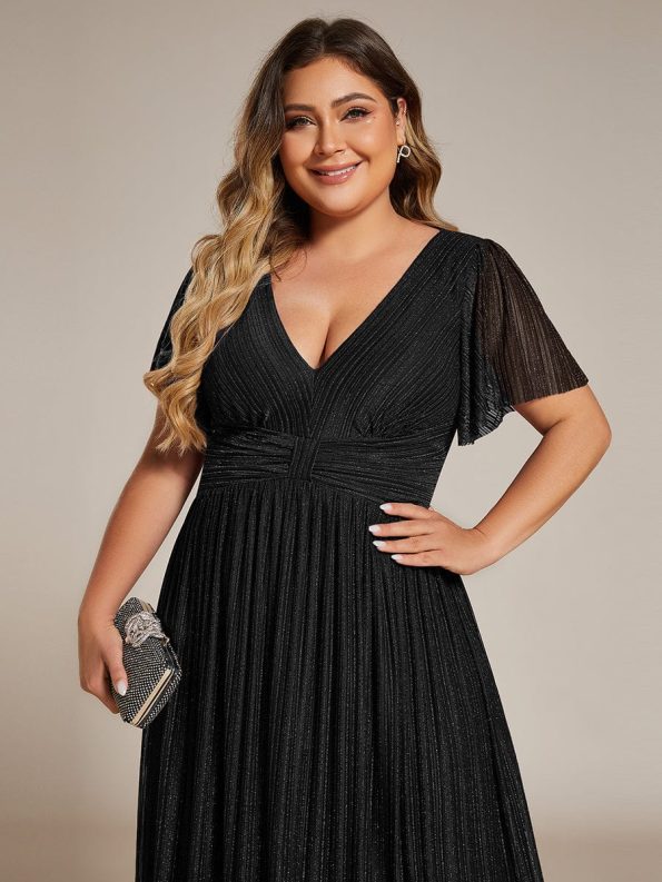 Plus Size V-Neck Glittery Short Sleeves Formal Evening Dress with Empire Waist - Black