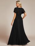 V-Neck Glittery Short Sleeves Formal Evening Dress with Empire Waist – Black