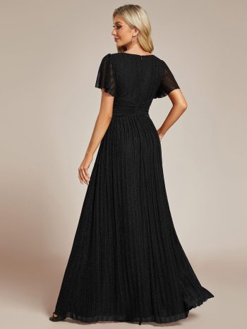 V-Neck Glittery Short Sleeves Formal Evening Dress with Empire Waist - Black