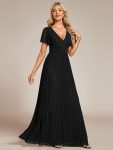 V-Neck Glittery Short Sleeves Formal Evening Dress with Empire Waist – Black