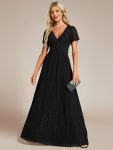 V-Neck Glittery Short Sleeves Formal Evening Dress with Empire Waist - Black