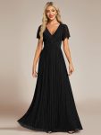 V-Neck Glittery Short Sleeves Formal Evening Dress with Empire Waist – Black