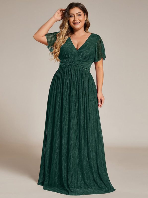 Plus Size V-Neck Glittery Short Sleeves Formal Evening Dress with Empire Waist - Dark Green