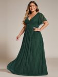 Plus Size V-Neck Glittery Short Sleeves Formal Evening Dress with Empire Waist – Dark Green