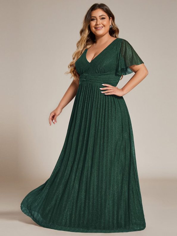 Plus Size V-Neck Glittery Short Sleeves Formal Evening Dress with Empire Waist - Dark Green