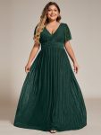 Plus Size V-Neck Glittery Short Sleeves Formal Evening Dress with Empire Waist – Dark Green