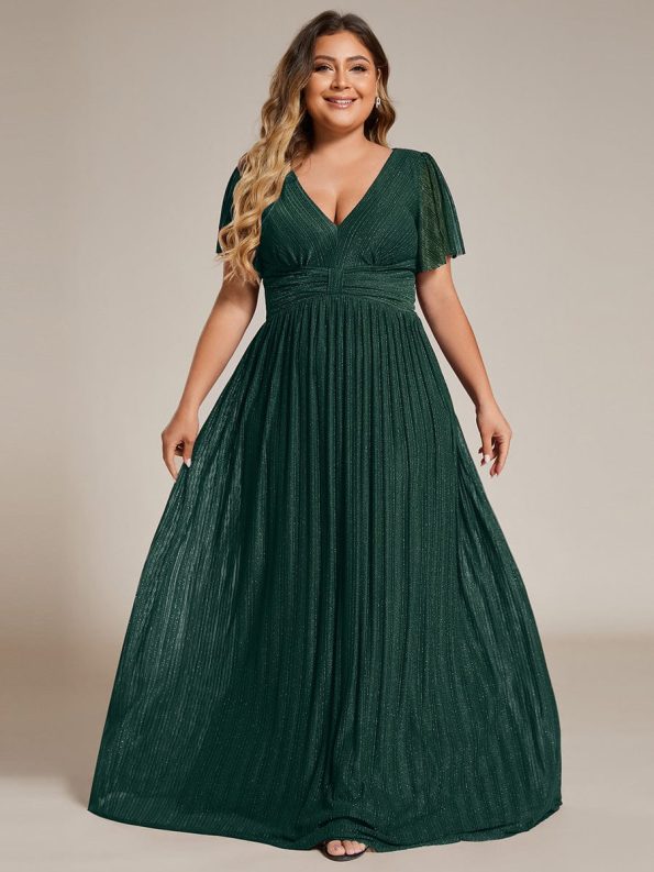 Plus Size V-Neck Glittery Short Sleeves Formal Evening Dress with Empire Waist - Dark Green