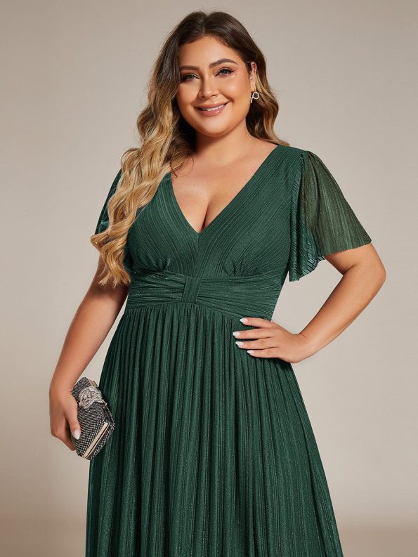 Plus Size V-Neck Glittery Short Sleeves Formal Evening Dress with Empire Waist - Dark Green