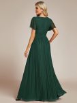 V-Neck Glittery Short Sleeves Formal Evening Dress with Empire Waist – Dark Green