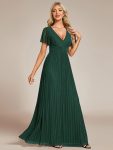 V-Neck Glittery Short Sleeves Formal Evening Dress with Empire Waist – Dark Green