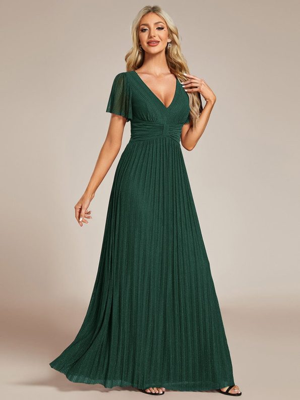 V-Neck Glittery Short Sleeves Formal Evening Dress with Empire Waist - Dark Green