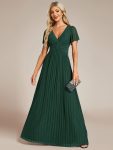 V-Neck Glittery Short Sleeves Formal Evening Dress with Empire Waist - Dark Green