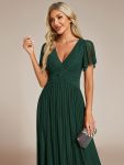 V-Neck Glittery Short Sleeves Formal Evening Dress with Empire Waist – Dark Green