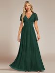 V-Neck Glittery Short Sleeves Formal Evening Dress with Empire Waist – Dark Green