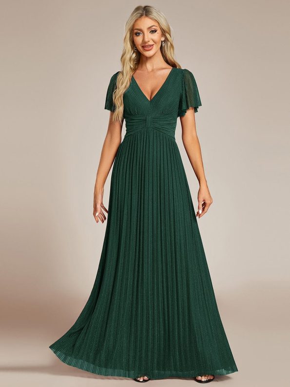 V-Neck Glittery Short Sleeves Formal Evening Dress with Empire Waist - Dark Green