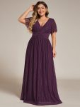 Plus Size V-Neck Glittery Short Sleeves Formal Evening Dress with Empire Waist – Purple Wisteria