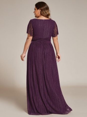 Plus Size V-Neck Glittery Short Sleeves Formal Evening Dress with Empire Waist - Purple Wisteria