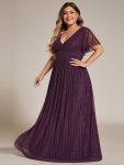 Plus Size V-Neck Glittery Short Sleeves Formal Evening Dress with Empire Waist – Purple Wisteria