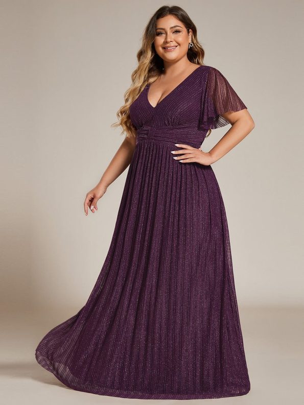 V-Neck Glittery Short Sleeves Formal Evening Dress with Empire Waist - Purple Wisteria