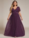 Plus Size V-Neck Glittery Short Sleeves Formal Evening Dress with Empire Waist – Purple Wisteria