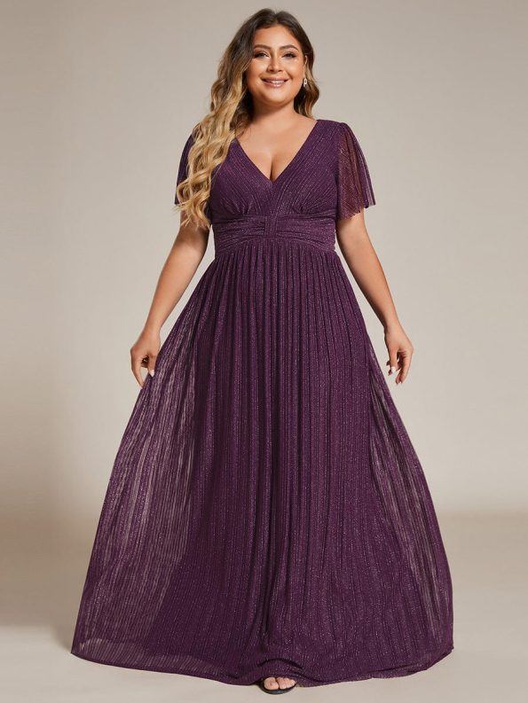 Plus Size V-Neck Glittery Short Sleeves Formal Evening Dress with Empire Waist - Purple Wisteria