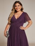 Plus Size V-Neck Glittery Short Sleeves Formal Evening Dress with Empire Waist – Purple Wisteria