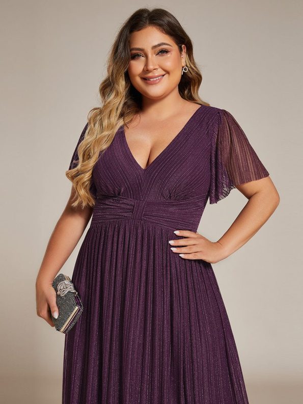 Plus Size V-Neck Glittery Short Sleeves Formal Evening Dress with Empire Waist - Purple Wisteria