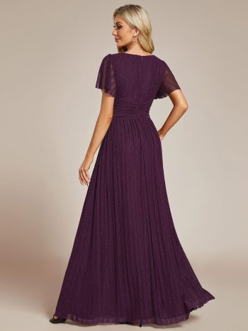 V-Neck Glittery Short Sleeves Formal Evening Dress with Empire Waist - Purple Wisteria