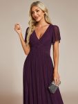 V-Neck Glittery Short Sleeves Formal Evening Dress with Empire Waist – Purple Wisteria