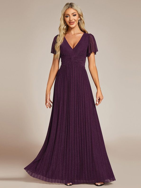 V-Neck Glittery Short Sleeves Formal Evening Dress with Empire Waist - Purple Wisteria