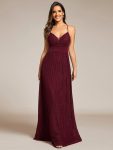 Sparkle Sleeveless Backless Formal Evening Dress with V-Neck – Burgundy