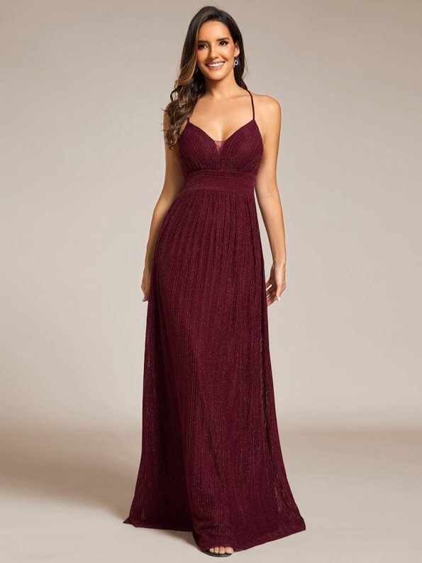 Sparkle Sleeveless Backless Formal Evening Dress with V-Neck - Burgundy