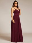 Sparkle Sleeveless Backless Formal Evening Dress with V-Neck – Burgundy