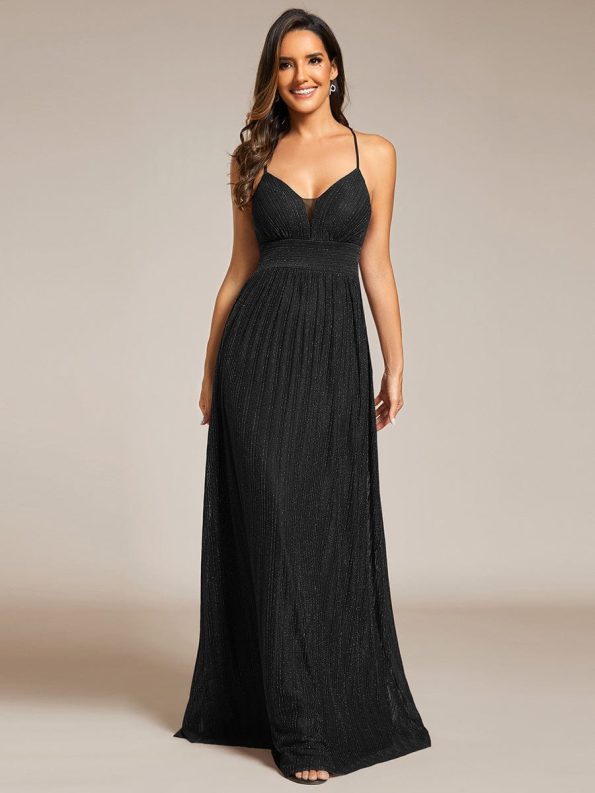 Sparkle Sleeveless Backless Formal Evening Dress with V-Neck - Black