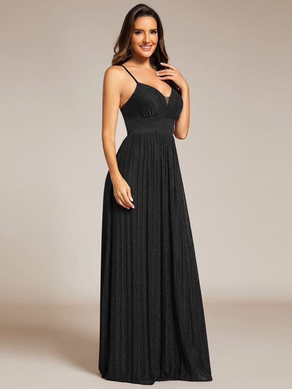 Sparkle Sleeveless Backless Formal Evening Dress with V-Neck - Black