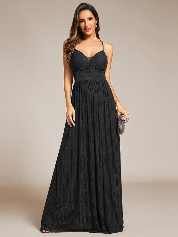 Sparkle Sleeveless Backless Formal Evening Dress with V-Neck - Black