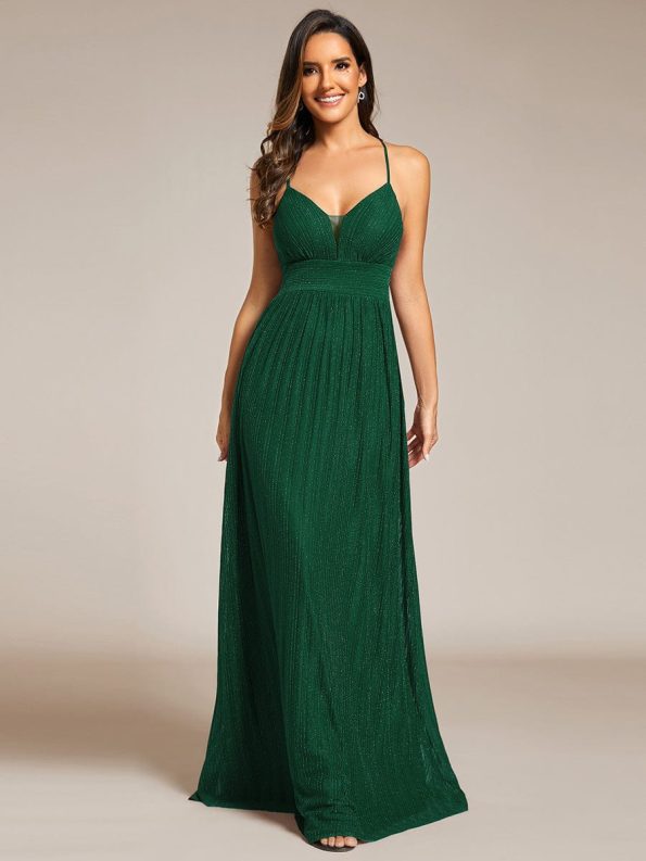 Sparkle Sleeveless Backless Formal Evening Dress with V-Neck - Dark Green