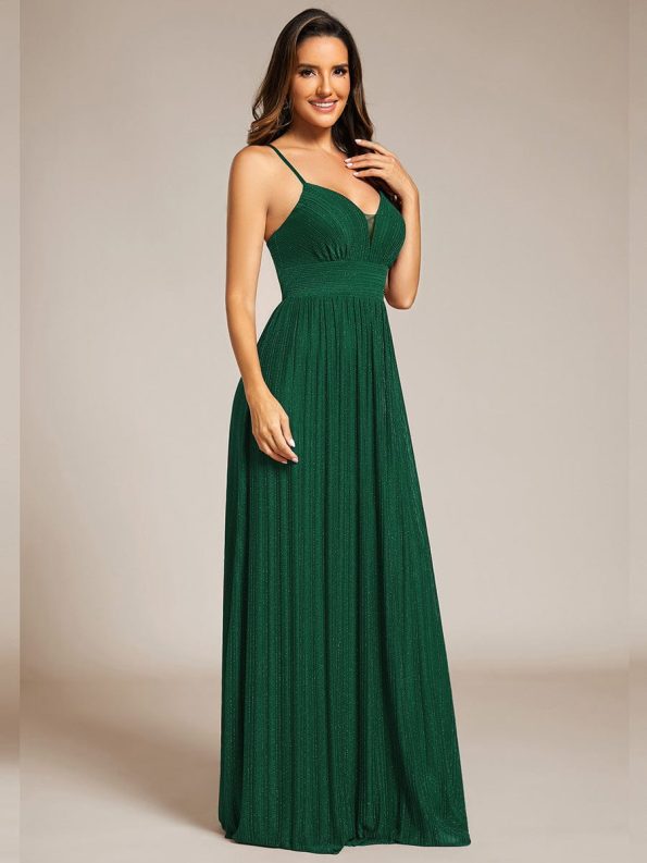 Sparkle Sleeveless Backless Formal Evening Dress with V-Neck - Dark Green