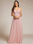 Sparkle Sleeveless Backless Formal Evening Dress with V-Neck – Pink