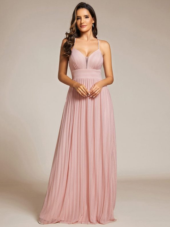 Sparkle Sleeveless Backless Formal Evening Dress with V-Neck - Pink